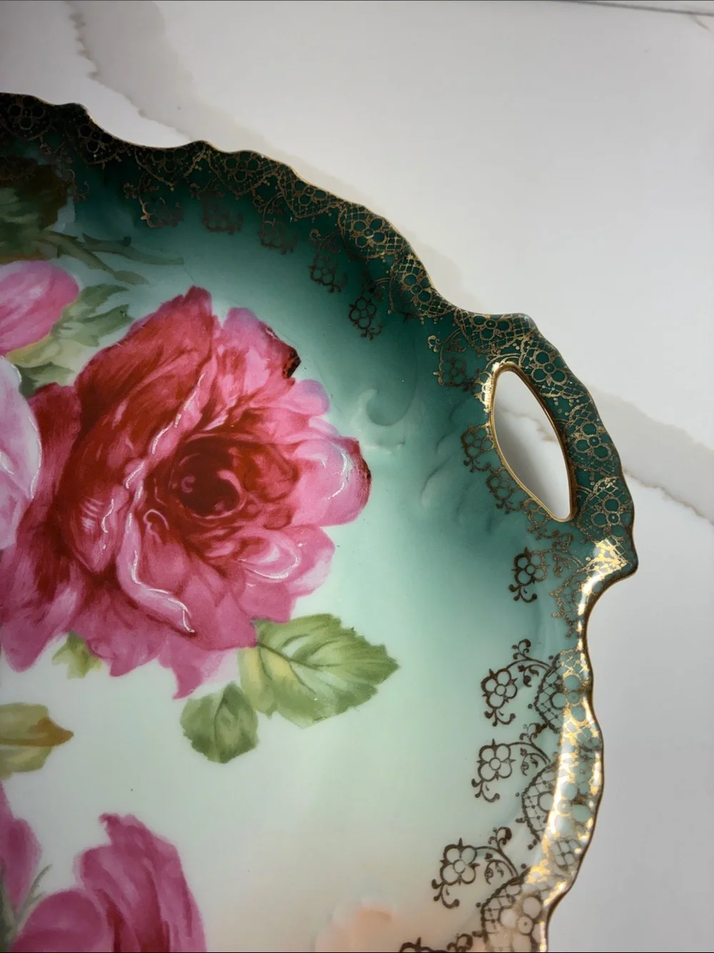 Bavarian Hand-Painted Floral Porcelain Tray & pitcher - Pink Cabbage Roses